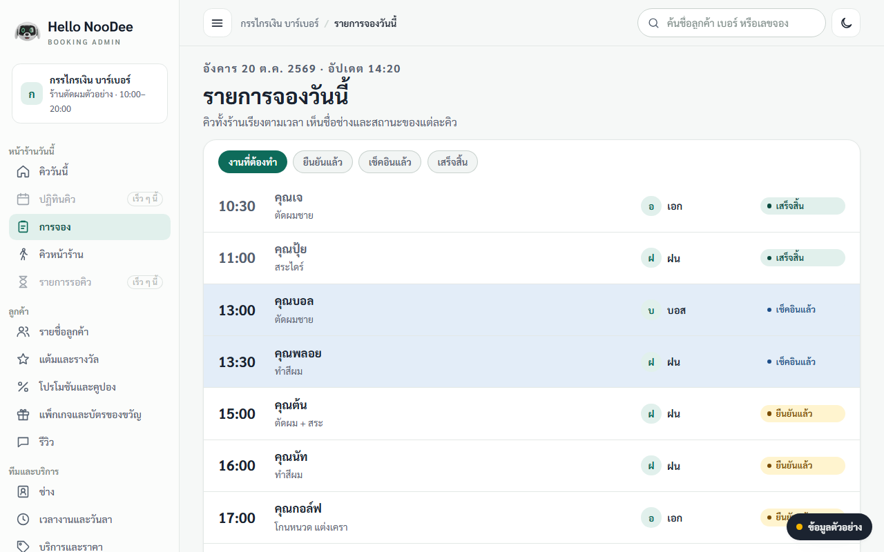 ภาพหน้าจอคอมพิวเตอร์ รายการจองวันนี้ เรียงตามเวลา เห็นชื่อช่างและบริการของแต่ละคิว