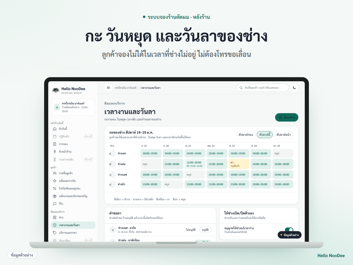 ภาพหน้าจอหลังบ้าน เวลาเข้างานและวันหยุดของช่างแต่ละคน