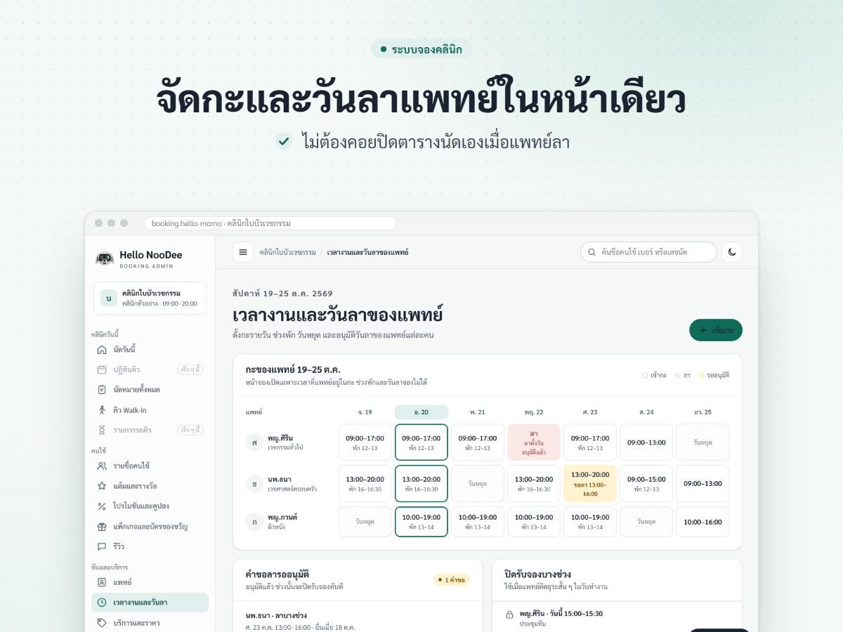 ภาพหน้าจอหลังบ้าน เวลางานและวันลาของผู้ให้บริการแต่ละท่าน