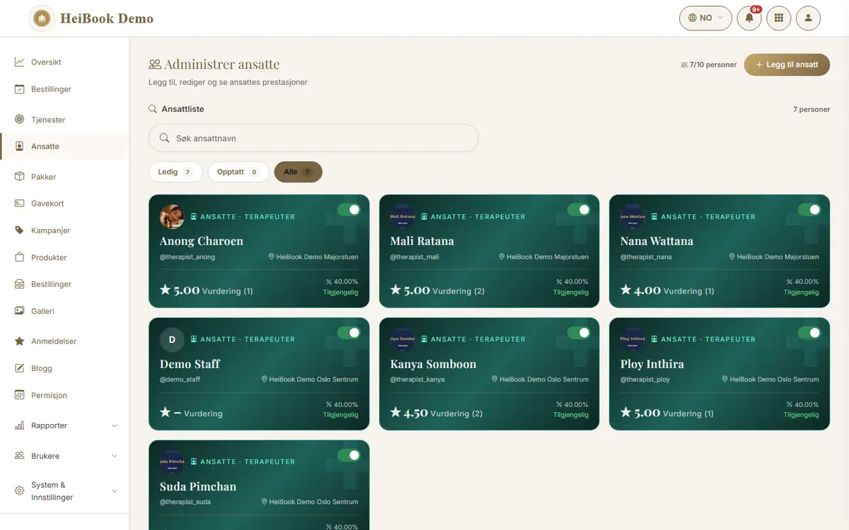 หน้ารวมหมอนวดในร้านสาธิต ตัวนับแสดง 7/10 คน