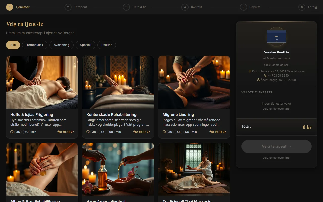 หน้าเลือกบริการของระบบจอง QueueFlow — เห็นขั้นตอนจองครบ 6 ขั้นด้านบน